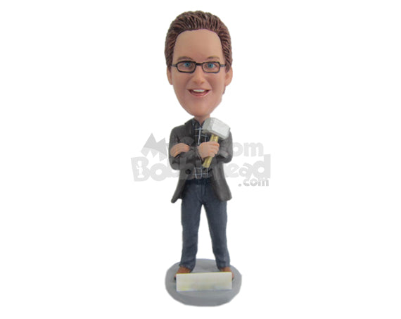 Male Reporter Wearing Suit and Jeans Ready for the Broadcast Personalized Bobblehead Male Reporter Wearing Suit and Jeans Ready for the Broadcast Personalized Bobblehead
